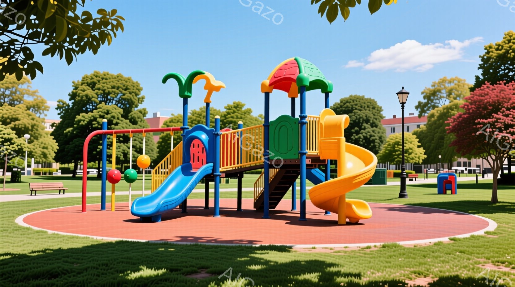 広場の中央には、赤、青、黄色を基調とした子供用遊具が設置されており、その周りには緑の芝生が広がっています。背景には木々が生い茂り、遠くには建物が見え、晴天の下、穏やかな雰囲気を感じさせます。遊具はカラフルで安全な素材で作られており、子供たちが楽しく遊べるように設計されています。