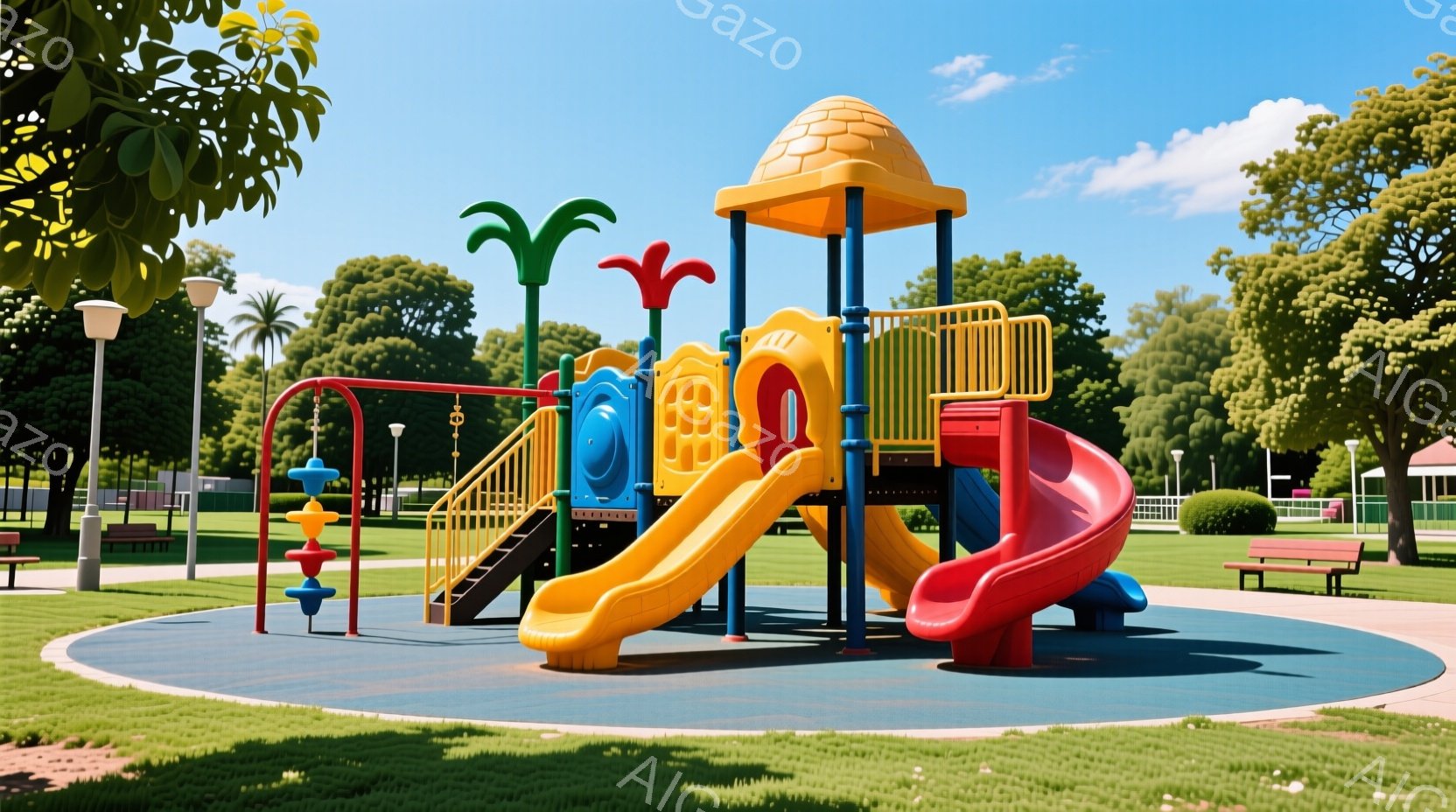 公園の遊具が中央に位置し、鮮やかな黄色、赤、青の色で構成されています。遊具の周りには緑豊かな芝生が広がり、背景には木々が生い茂り、晴天の下、穏やかな雰囲気が漂っています。ベンチや街灯が点在し、公園内は整然としていて、子供たちが安全に遊べる空間となっています。
