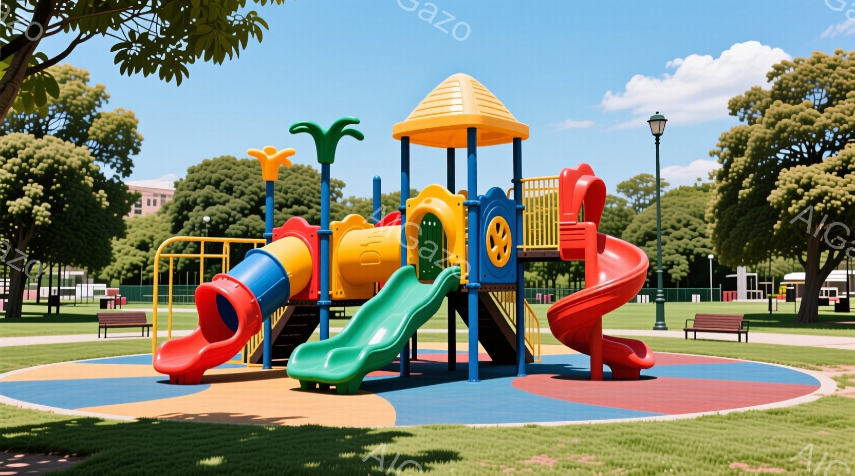 公園の遊具が鮮やかな色彩で描かれています。青、赤、黄色、緑色のスライドが組み合わさった遊具は、子供たちの遊び心を刺激するデザインです。背景には緑の芝生と木々、遠くには建物が見え、晴れた空の下、穏やかで - AI生成フリー素材