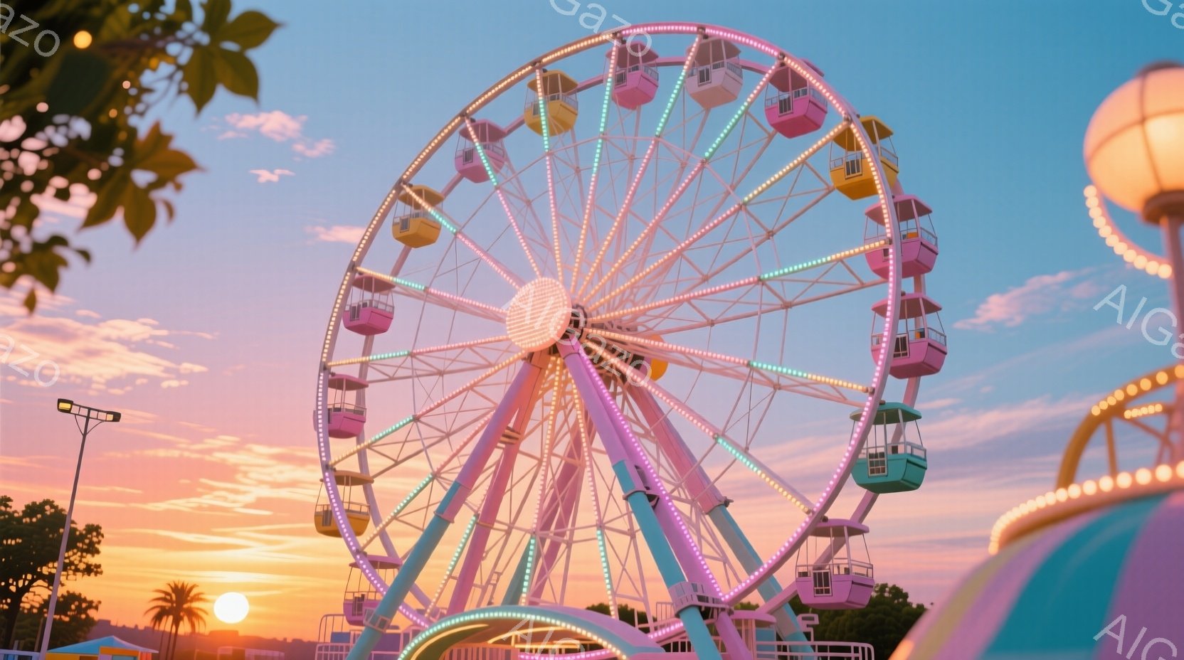 カラフルな観覧車が夕焼け空の下にそびえ立っており、パステルピンク、水色、黄色などの明るい色で彩られています。背景にはヤシの木が見え、遊園地の一部と思われるテントや装飾が配置されており、暖かい夏の日の遊 - AI生成フリー素材
