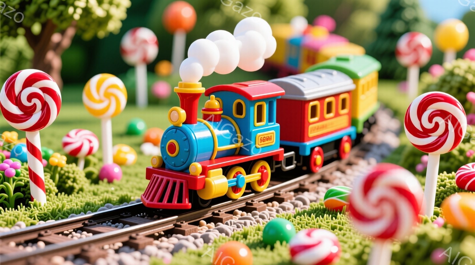 明るい緑の芝生の上に、カラフルな電車が線路を走っている様子が描かれています。電車の先頭車両は赤と水色、後続車両は黄色で、周りにはキャンディが並び、お祭りや遊園地のような楽しい雰囲気を醸し出しています。 - AI生成フリー素材