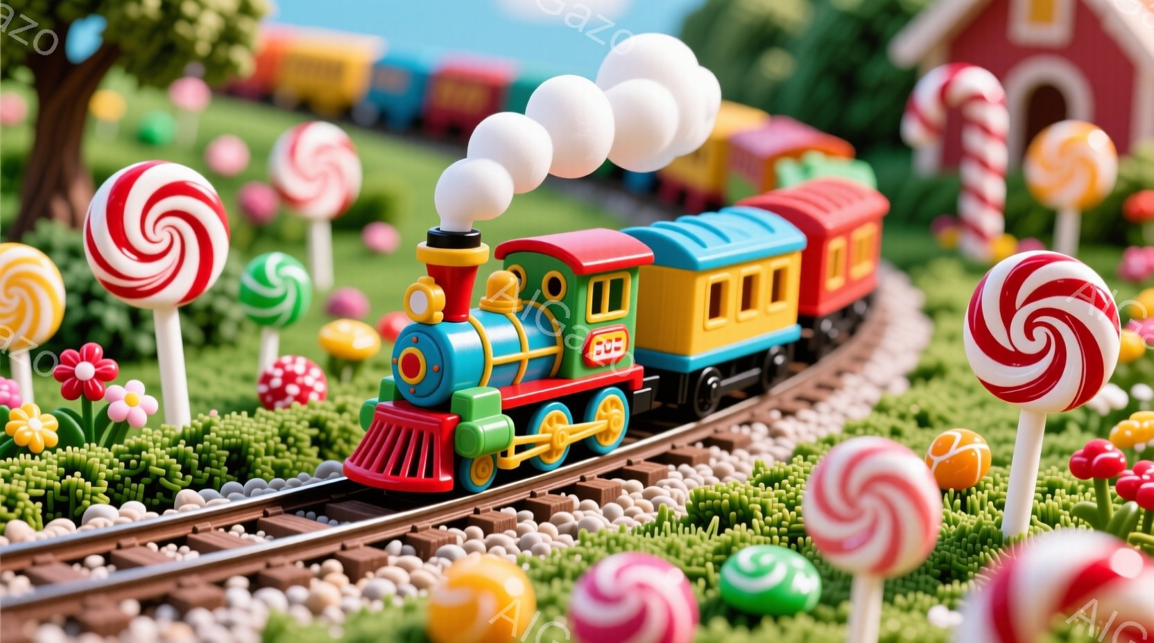 明るい色使いの可愛らしい蒸気機関車が、緑色の芝生とカラフルなキャンディに囲まれた線路の上を走っています。機関車の先頭は赤色で、客車は黄色とオレンジ色で構成され、まるで夢のような世界観を作り出しています。背景には、花々が咲き乱れ、空は晴天で、全体的に甘くて楽しい雰囲気が漂っています。