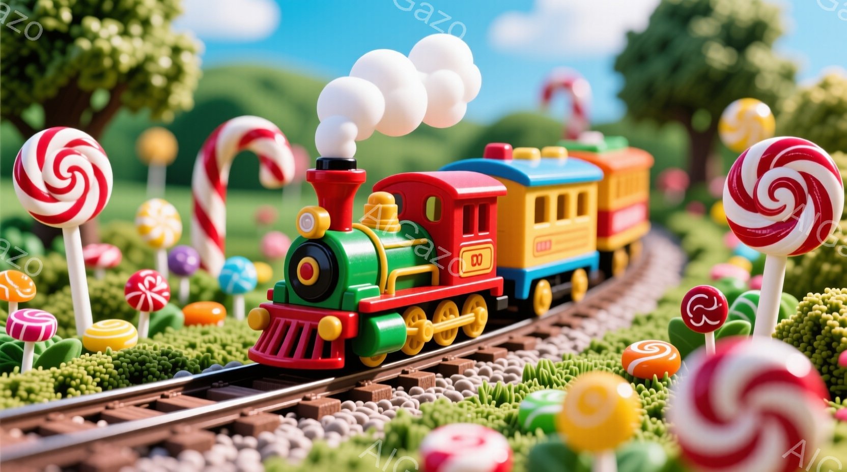 鮮やかな色彩の玩具列車が、キャンディやロリポップで飾られた線路の上を走っている様子が描かれています。背景には緑の芝生のようなテクスチャが広がり、空は晴れやかで明るい雰囲気です。全体的に、おもちゃの世界 - AI生成フリー素材