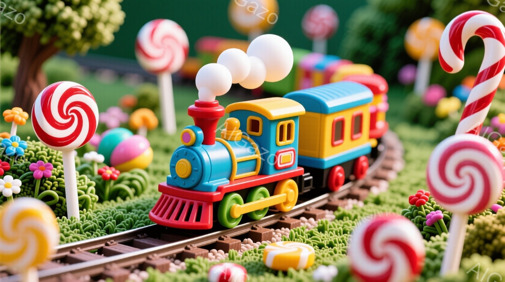 カラフルなキャンディで飾られた緑の芝生の上を、青とオレンジ色の可愛い列車が走っている。背景には、様々な色の大きなキャンディが並び、まるで夢のようなお菓子の国を思わせる。全体的に明るく、遊び心溢れる雰囲気で、子供のような好奇心をくすぐる。