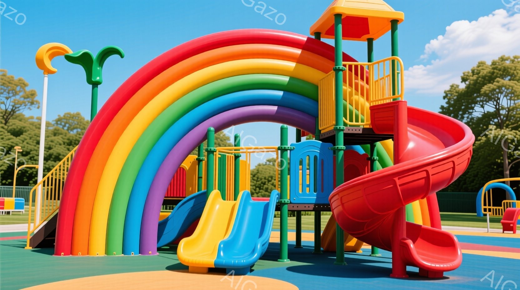 公園のプレイグラウンドを示しています。プラスチックの遊具が多数あり、その中には子供たちが楽しむための色彩豊かな滑り台やローラーもあります。背景は木々で、晴れた日の出来であることが分かります。人物は登場 - AI生成フリー素材