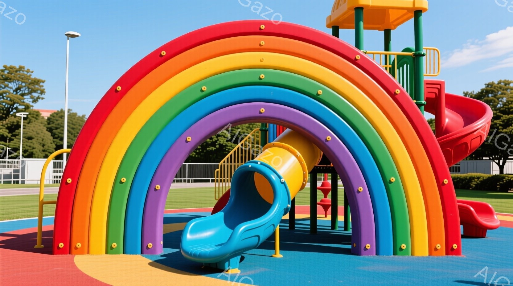 色とりどりのアーチ状の滑り台が公園に設置されています。滑り台は赤、オレンジ、黄色、緑、青、紫と虹色になっており、地面は様々な色で舗装されています。背景には建物と緑の木々が見え、晴れた空の下、明るく楽し - AI生成フリー素材