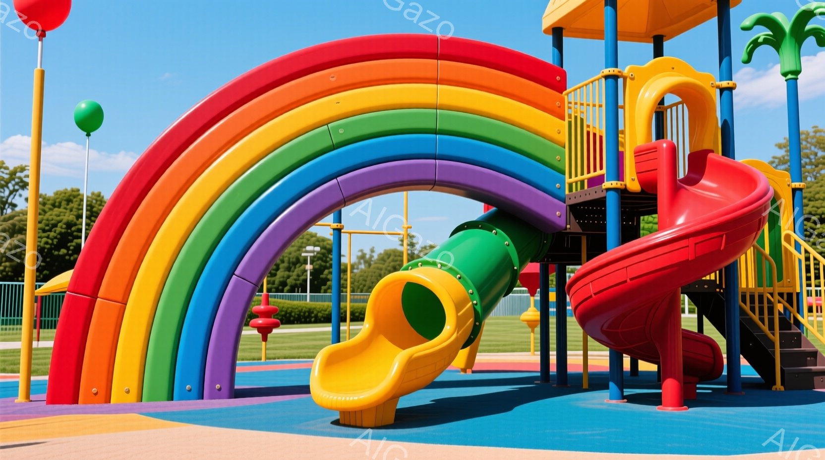 カラフルな滑り台が公園に設置されており、赤、オレンジ、黄色、緑、青、紫と虹色に彩られています。背景には緑の芝生と青空が広がり、遠くには街灯が見えます。全体的に明るく、活気のある雰囲気で、子供たちが楽しく遊べる空間を表現しています。