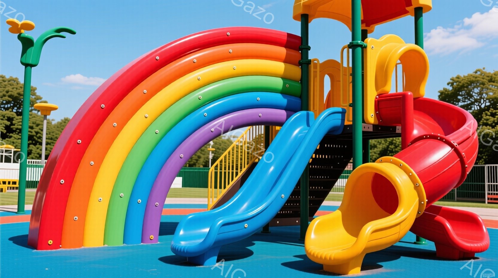 カラフルな滑り台が公園に設置されており、赤、橙、黄、緑、青、紫と虹色の美しいグラデーションが特徴です。滑り台の周りには安全のための青いゴム製の地面があり、背景には建物や緑豊かな木々が見え、晴天で明るい雰囲気です。この遊具は子供たちが楽しく遊ぶための安全でカラフルな空間を提供しています。