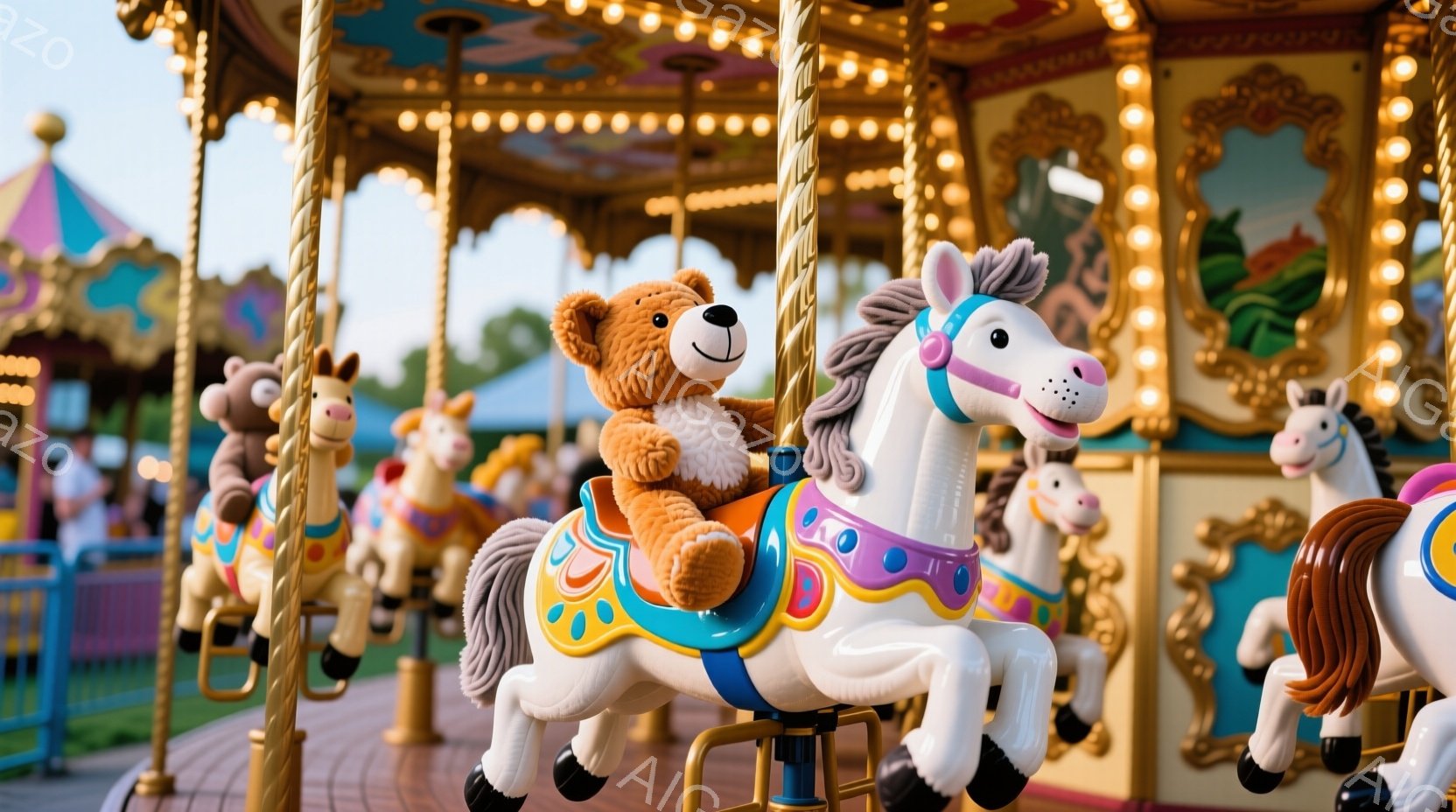 観覧車のような乗り物の上で、可愛らしい茶色のテディベアが白い馬に乗っています。馬はカラフルな装飾が施されており、背景には他の動物の乗り物や、遊園地のカラフルな装飾、そして明るい空が見えます。全体的に、 - AI生成フリー素材