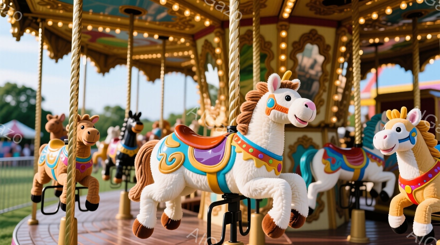 回転木馬の乗り物が写っており、白、茶色、そして水色の馬が中心に捉えられています。これらの馬はカラフルな装飾が施され、楽しげな表情をしています。背景には緑豊かな芝生と木々が見え、晴天の下、遊園地の楽しげ - AI生成フリー素材