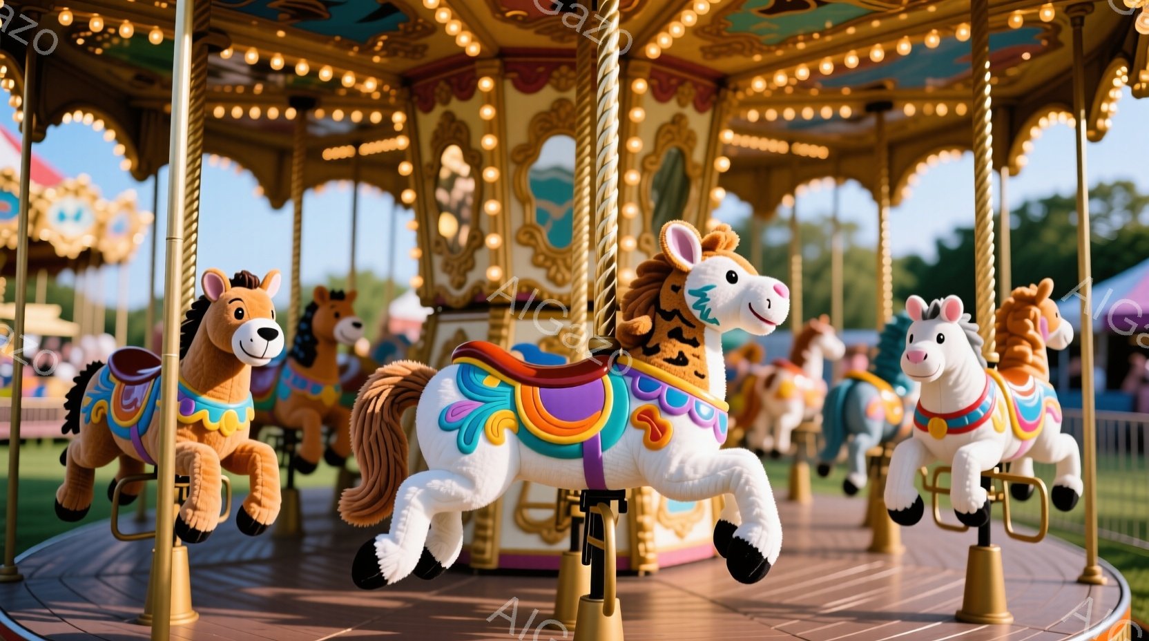 カラフルなメリーゴーランドが写っており、可愛らしい動物の形をした乗り物が回転している。白、茶色、ピンクの馬が特徴的で、まるでぬいぐるみのようで、優しい表情を浮かべている。背景には緑豊かな木々と、明るい - AI生成フリー素材