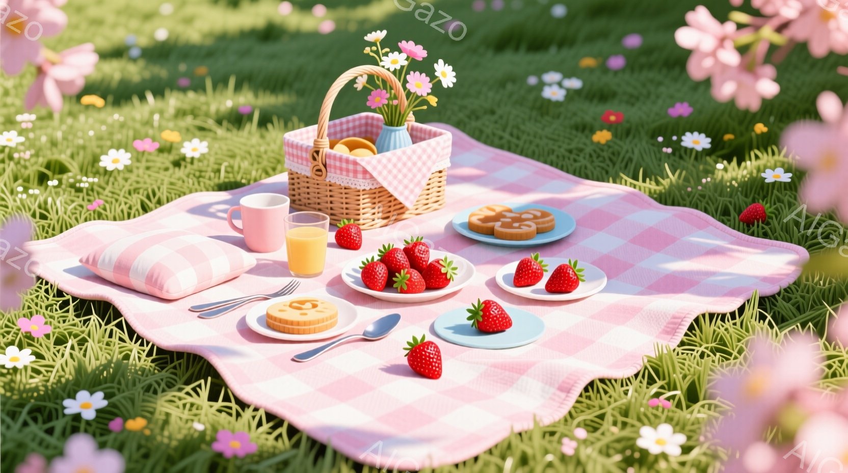 緑の草地にピンクと白のチェック柄のピクニックブランケットが広げられ、可愛らしいおやつが並べられています。イチゴ、クッキー、オレンジジュースが置かれたお皿やカトラリーが、春らしい穏やかな雰囲気を演出して - AI生成フリー素材