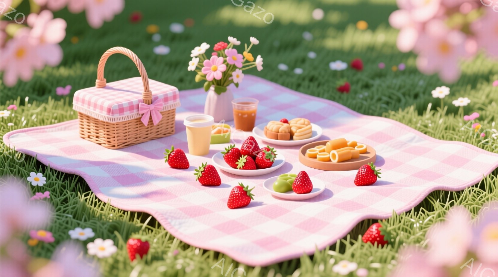 広々とした緑の草原に、ピンクと白のチェック柄のピクニックブランケットが敷かれ、可愛らしい籐のバスケット、ストロベリー、飲み物、お菓子が並んでいます。鮮やかなストロベリーは、バスケットやブランケット、そして周囲の小さな白い花々とのコントラストで、より一層引き立ち、春らしい暖かく幸せな雰囲気を醸し出しています。全体的に柔らかな光が差し込み、心地よい時間を感じさせる静かな情景です。