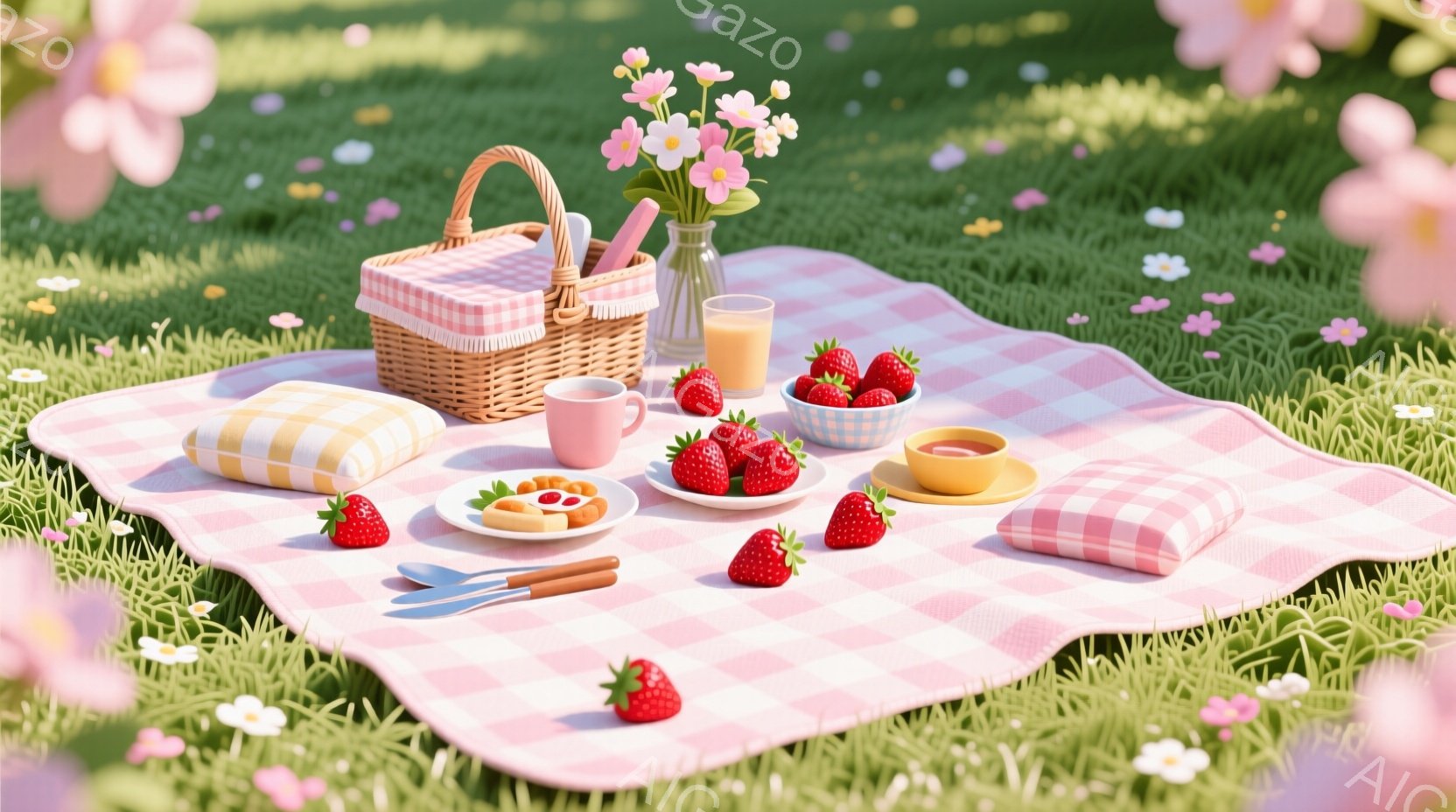 広々とした緑の芝生の上に、ピンクと白のチェック柄のピクニックシートが敷かれており、様々な食べ物が並んでいます。バスケット、イチゴ、小さなケーキ、飲み物、そして枕が配置され、春の穏やかなピクニックを表現 - AI生成フリー素材