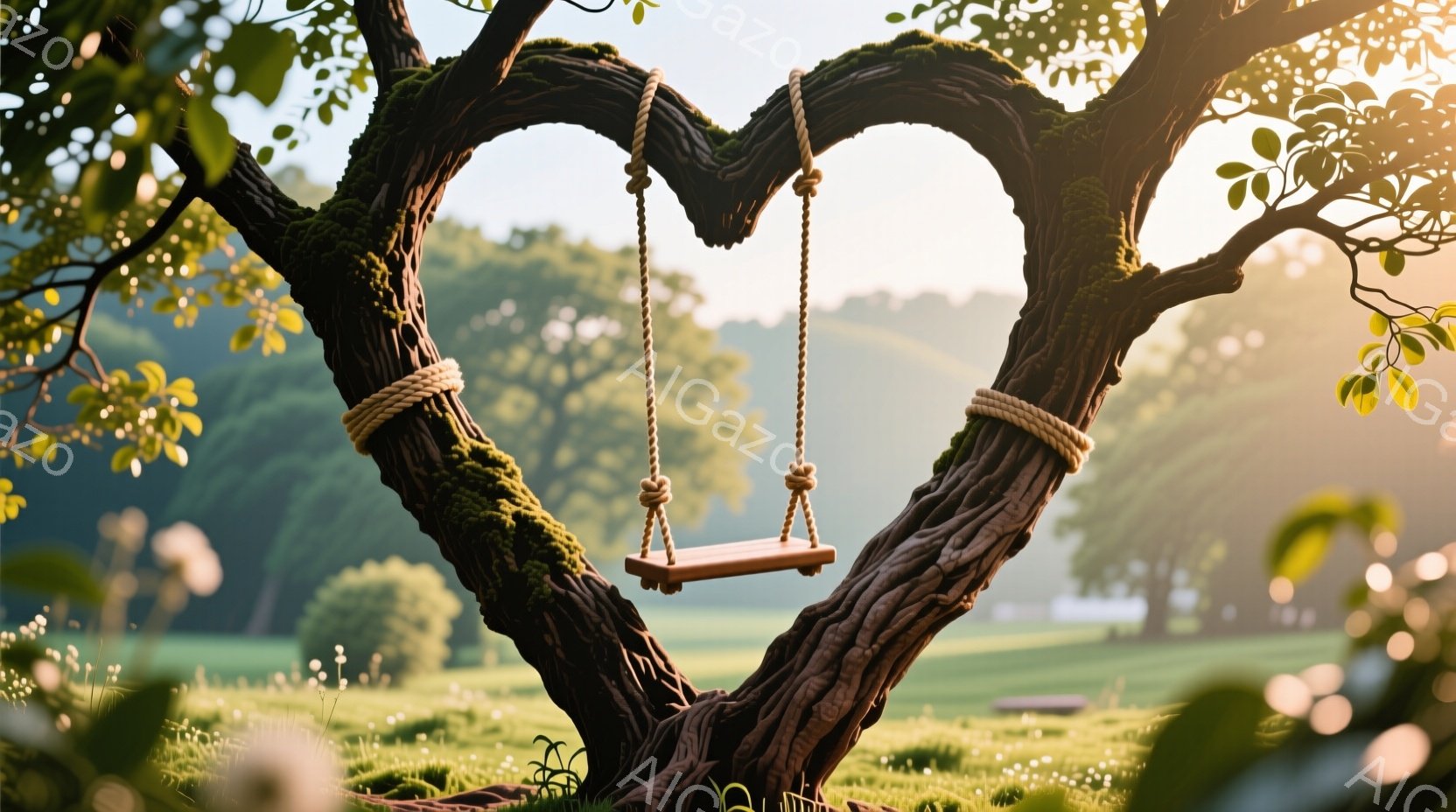 巨大な古木の枝がハート形に湾曲しており、そこからロープと板で作られた簡素なブランコが吊り下げられています。背景には緑豊かな草原とぼんやりとした建物が見え、空は柔らかい光に満ちています。 全体的に穏やか - AI生成フリー素材