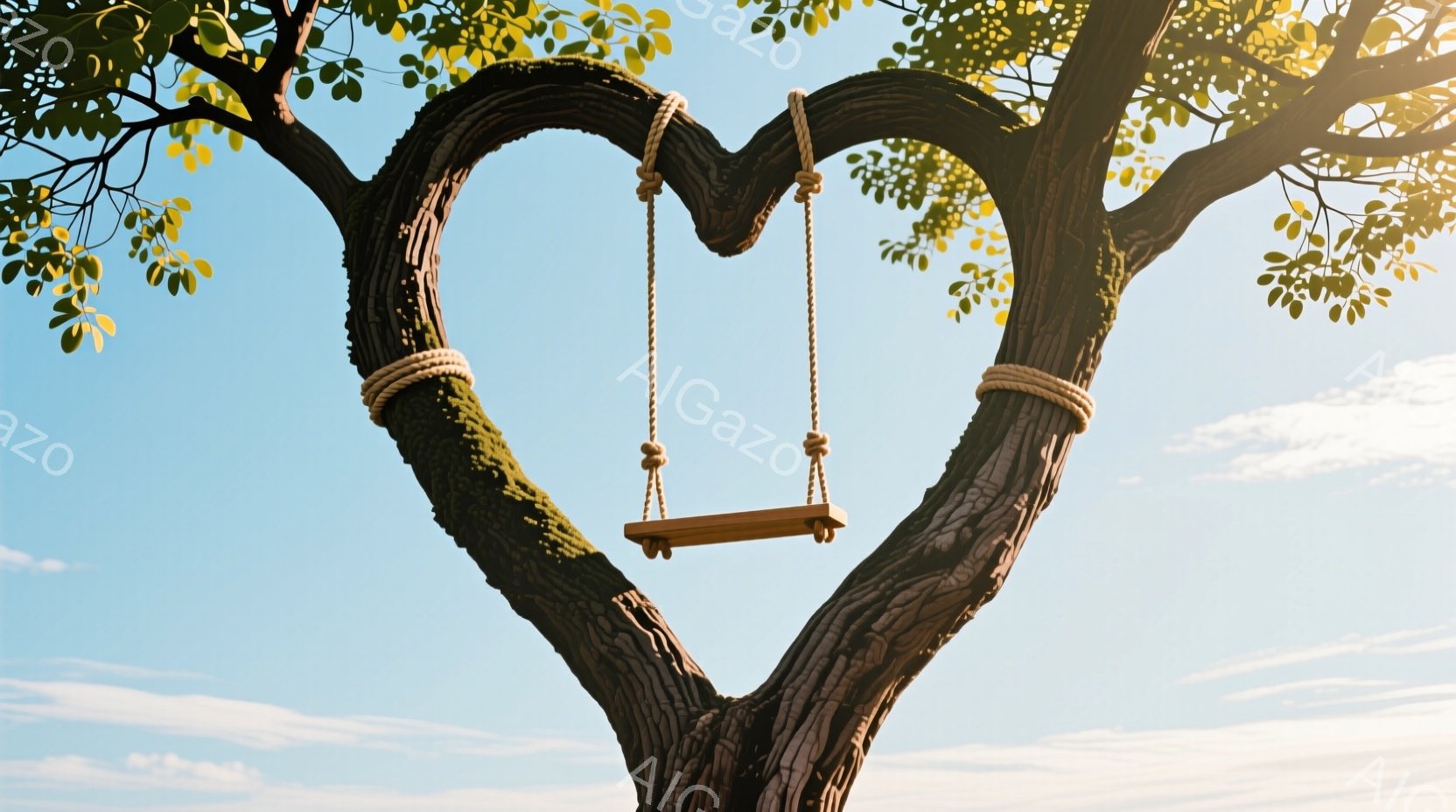 空を背景に、太い木の幹に吊るされたブランコが印象的な写真です。木はハート型に枝分かれしており、ブランコは麻紐でしっかりと固定されています。青空に白い雲が広がり、穏やかで平和な雰囲気を醸し出しています。