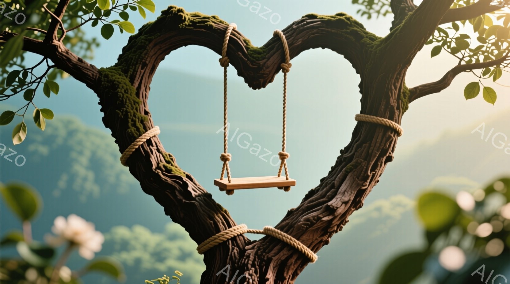巨大な木の枝がハート型に自然に形作られており、そこからロープで吊るされたシンプルな木のブランコがぶら下がっています。背景にはぼやけた緑豊かな風景が広がり、柔らかな光が木とブランコを照らしています。全体的に穏やかで夢幻的な雰囲気が漂い、自然の美しさと静寂を感じさせます。