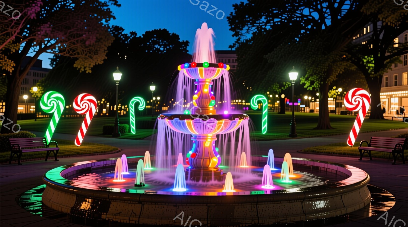 公園の中心には、虹色の光で美しく照らされた噴水があります。周りにはキャンディケーンのイルミネーションが立ち、ベンチが配置されています。背景には建物が見え、夜空が広がり、お祭りやイベントの華やかな雰囲気 - AI生成フリー素材