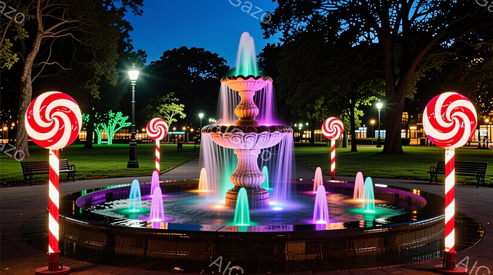 公園の中心には、カラフルなライトアップされた噴水があり、水柱が虹色に輝いている。噴水の周りには、巨大なキャンディの棒が立てられており、まるで夢のような光景を作り出している。背景には緑豊かな木々が広がり - AI生成フリー素材