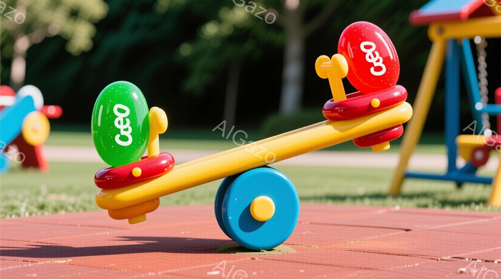 真っ赤なアスファルトの遊具場に、カラフルなシーソーが設置されています。シーソーの両端には、それぞれ緑色と赤色の風船が固定されており、遊び心溢れる様子が伺えます。背景には緑豊かな草地が広がり、明るい晴天の下で子供たちの笑顔が目に浮かぶような、楽しい雰囲気が漂っています。
