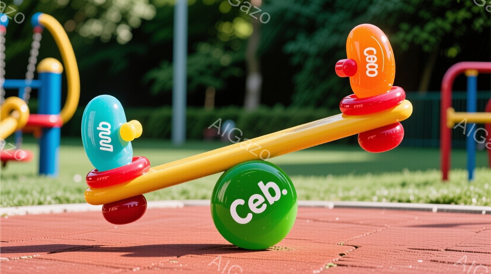 子供向けの遊び場所で、多色の木製のクランゲリを中心に置かれた幼児用トイレッグスインガーが見られます。その下には、昆虫のような赤と黄の珍しい形状のバランスボールがあります。背景には遊び用の設備が多数存在し、周囲は明るく快適な空間です。