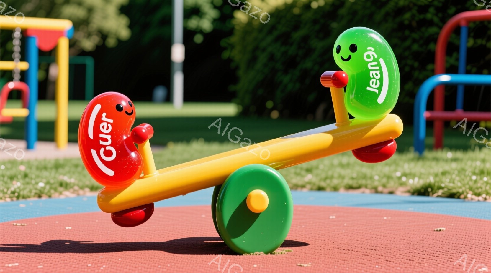 赤い球と緑色の球がシーソーに乗っている様子が写っている。球にはそれぞれ顔が描かれており、シーソーの上でバランスをとっているように見える。背景には遊具や緑の芝生があり、晴れた日の公園で遊んでいるような、明るく楽しい雰囲気が漂っている。