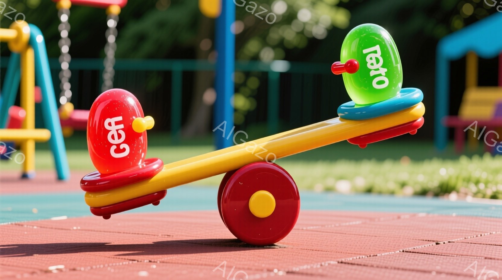 明るい遊園地の地面に、赤と黄色のシーソーが写っている。シーソーの両端には、それぞれ「CeA」と書かれた緑色の球が付いており、カラフルで遊園地らしい雰囲気を醸し出している。背景には、ぼやけた遊具や緑が見 - AI生成フリー素材