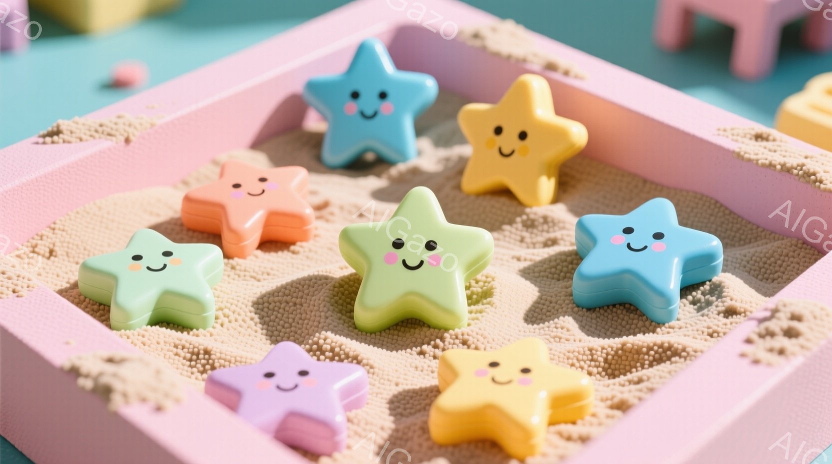 パステルカラーの星型のおもちゃが、ベージュ色の粒状の表面に並んでいます。これらの星は皆、笑顔の表情をしており、可愛らしい雰囲気を醸し出しています。背景は薄いピンク色のフレームで、遊び心のあるカラフルな環境が演出されています。