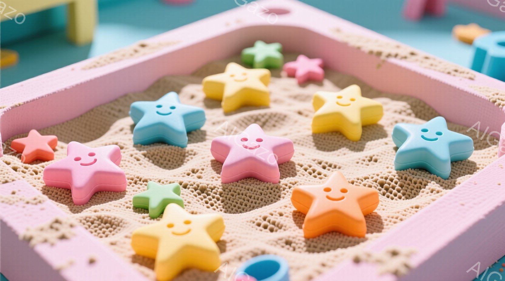 ピンク色のプレイマットの上に、様々な色の星形の玩具が散らばっています。星形にはそれぞれ笑顔が描かれており、明るく楽しい雰囲気を醸し出しています。背景には青いおもちゃの一部が見え、子供向けの遊び空間であることがわかります。