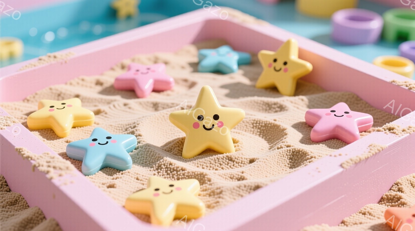 明るいピンク色の背景に、黄色と水色の星形の玩具が砂の上に散らばっている。星たちは皆、笑顔の表情をしており、可愛らしい雰囲気である。背景には他の玩具の一部が見え、遊び心のある空間を演出している。 - AI生成フリー素材