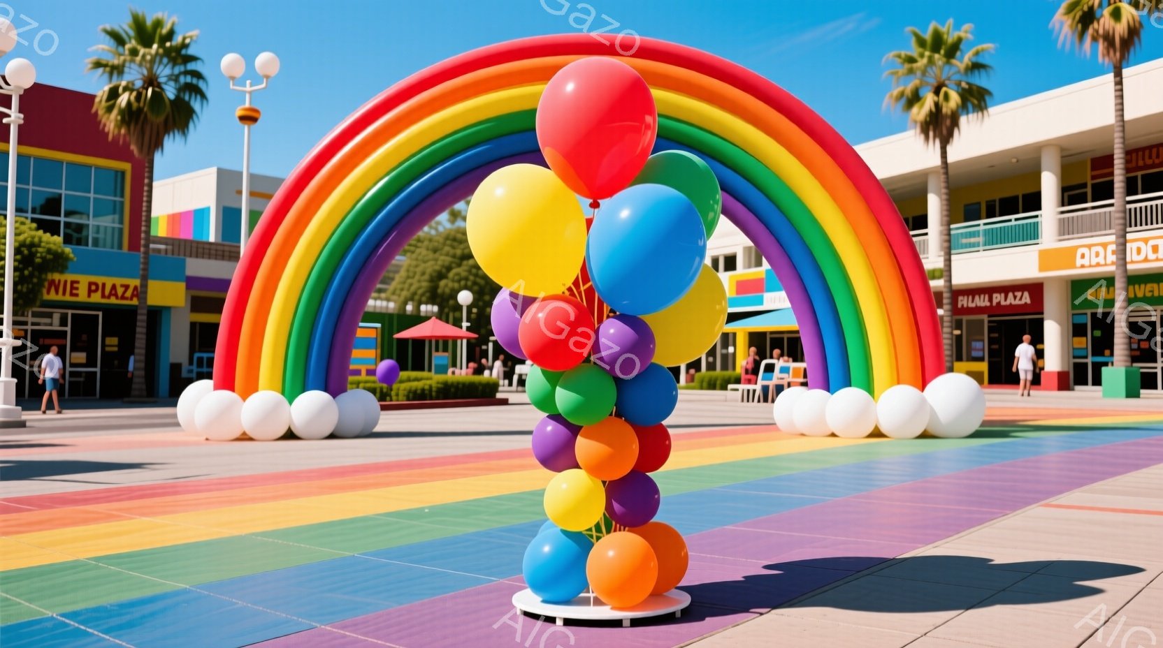 広場には、虹色のバルーンアーチがそびえ立ち、鮮やかな色彩が目を引きます。背景には、カラフルな建物が並び、青い空とヤシの木が南国風の雰囲気を醸し出しています。数人の人々が歩行したり、ベンチに座って休憩したりしており、平和で明るい空気が漂っています。