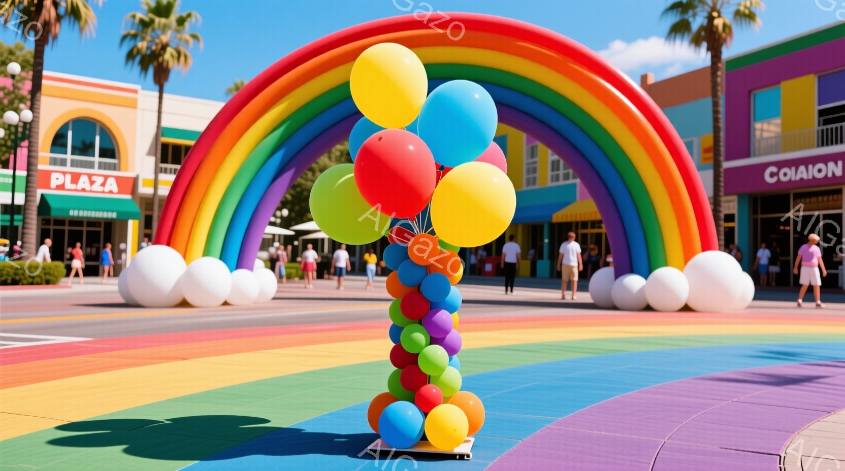 カラフルな風船の柱が、虹色のアーチの前に立っており、その周りには人々が歩いている。人々はカジュアルな服装で、Tシャツや短パンを着ており、背景にはカラフルな建物とヤシの木が見える。全体的に明るく、陽気な - AI生成フリー素材