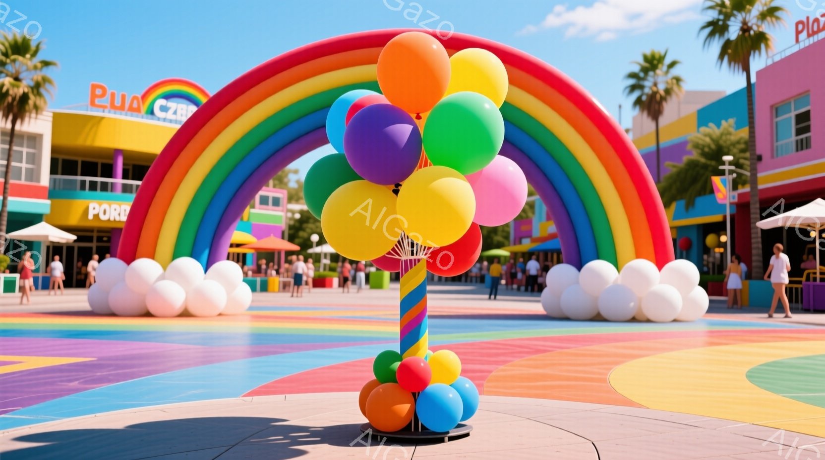 カラフルな虹のアーチが印象的な写真で、その下には色とりどりの風船が飾られた柱があります。背景には、パステルカラーの建物が立ち並び、青い空とヤシの木が楽園のような雰囲気を作り出しています。人々はカジュア - AI生成フリー素材