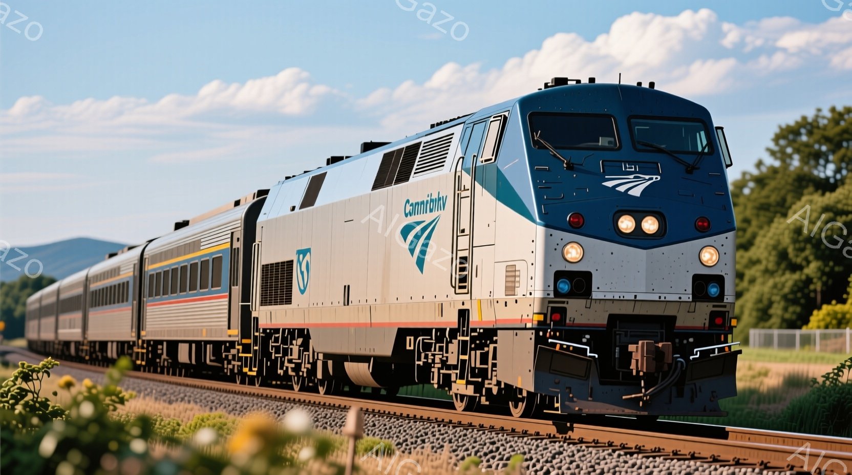 アムトラックの列車が線路を疾走している様子が描かれています。列車の先頭車両は、洗練されたグレーと青の配色で、アメリカ国旗をモチーフにしたロゴが目立ちます。背景には緑豊かな風景が広がり、穏やかな晴天の下、列車の旅の快適さを強調しています。