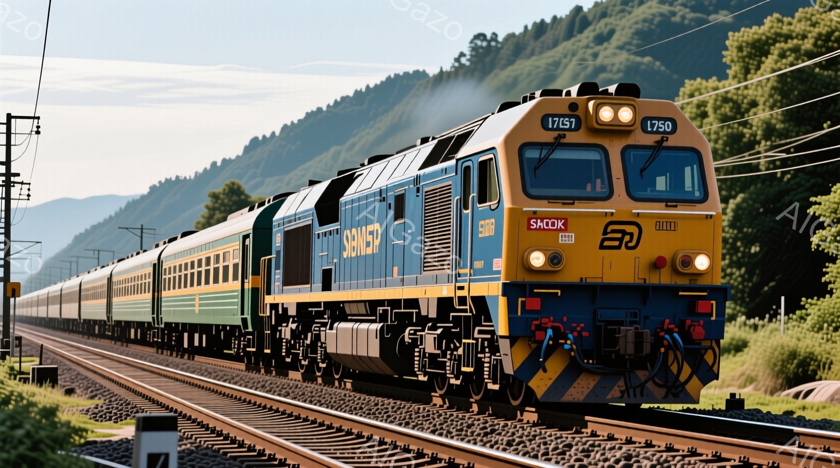 青い客車型ディーゼル機関車が線路を走行しており、緑豊かな山々が背景に広がっています。機関車の側面に「SNCF」と書かれており、フランスの鉄道車両であると考えられます。晴天で、空は明るく、線路脇には緑が生い茂っています。