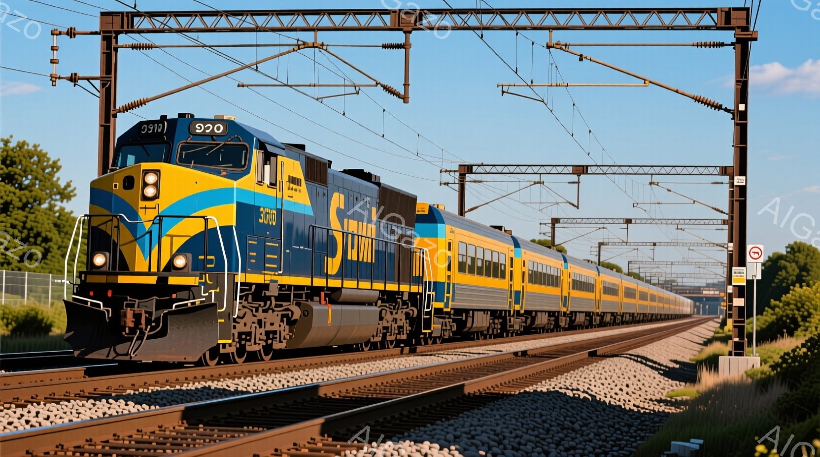 青と黄色のカラフルな列車が線路を走っている様子が描かれています。列車の先頭には9519という数字が大きく書かれており、背後には黄色の客車が連結されています。空は晴れていて、線路脇には緑の草が生い茂り、 - AI生成フリー素材