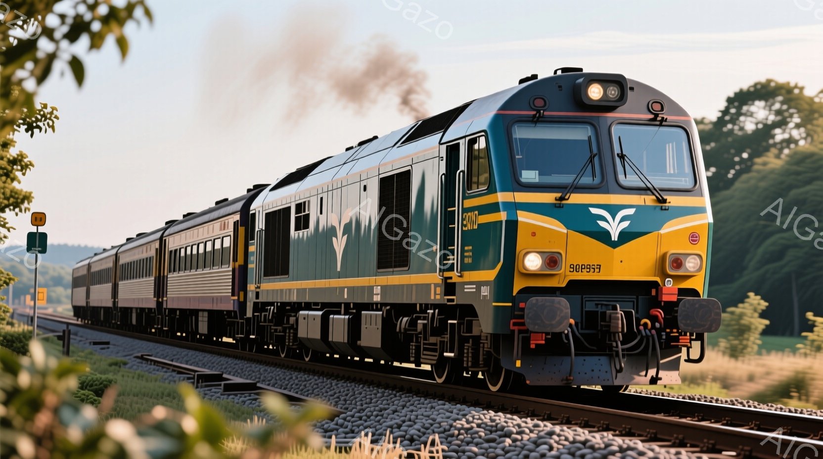 深緑色のディーゼル機関車が線路を走行しており、背後には数両の客車が連結されている。機関車の側面には鮮やかな黄色のストライプと、鳥をモチーフにしたロゴが描かれている。背景には緑豊かな木々と開けた空が広がり、穏やかな晴天の中、列車は力強く前進している。