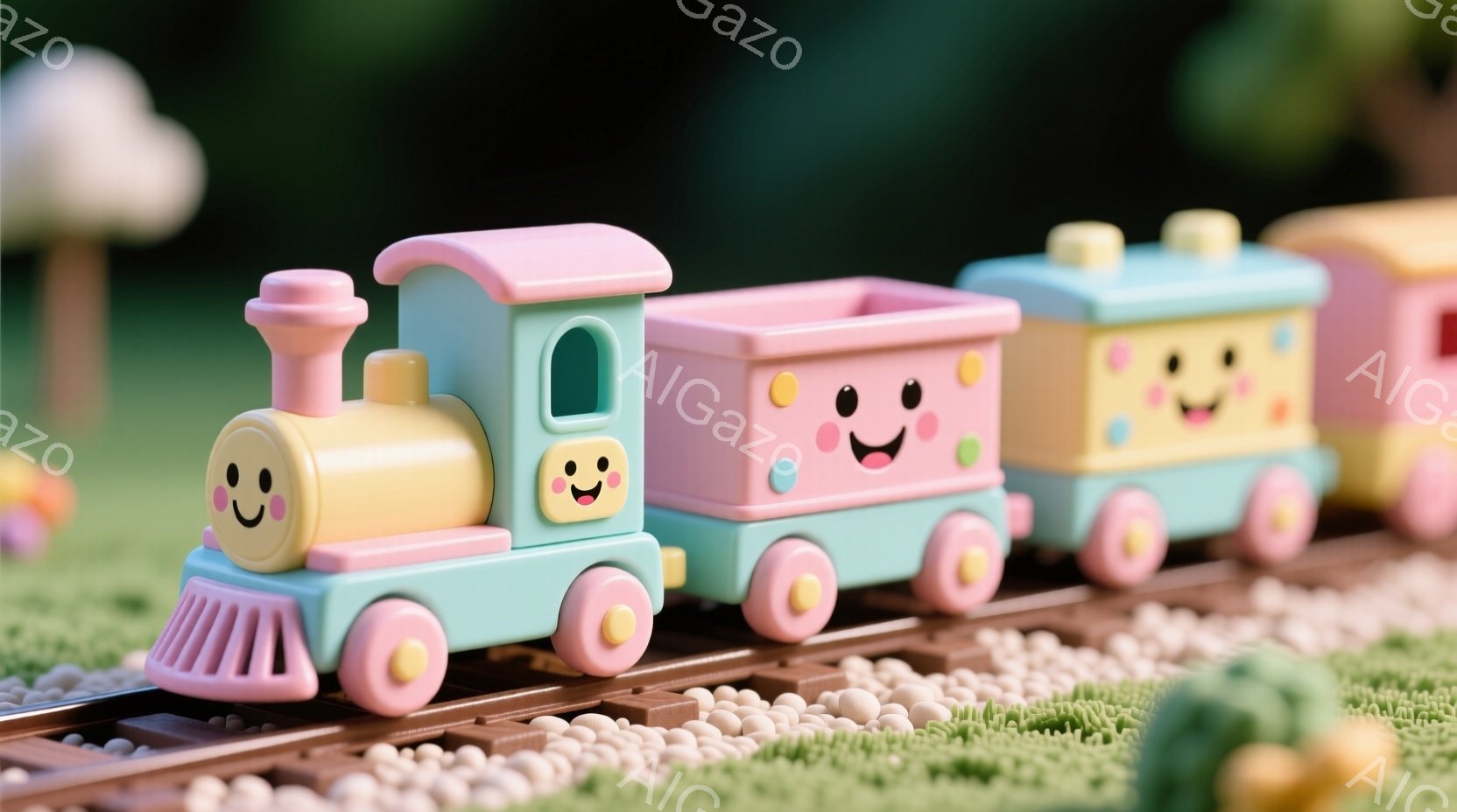 パステルカラーの可愛らしい列車が、緑色の芝生の上を走る線路上に並んでいます。各車両はそれぞれ異なる色で、明るい表情をしており、丸い車輪が特徴的です。背景には、緑豊かな植物や、ぼんやりとした木々が見え、 - AI生成フリー素材