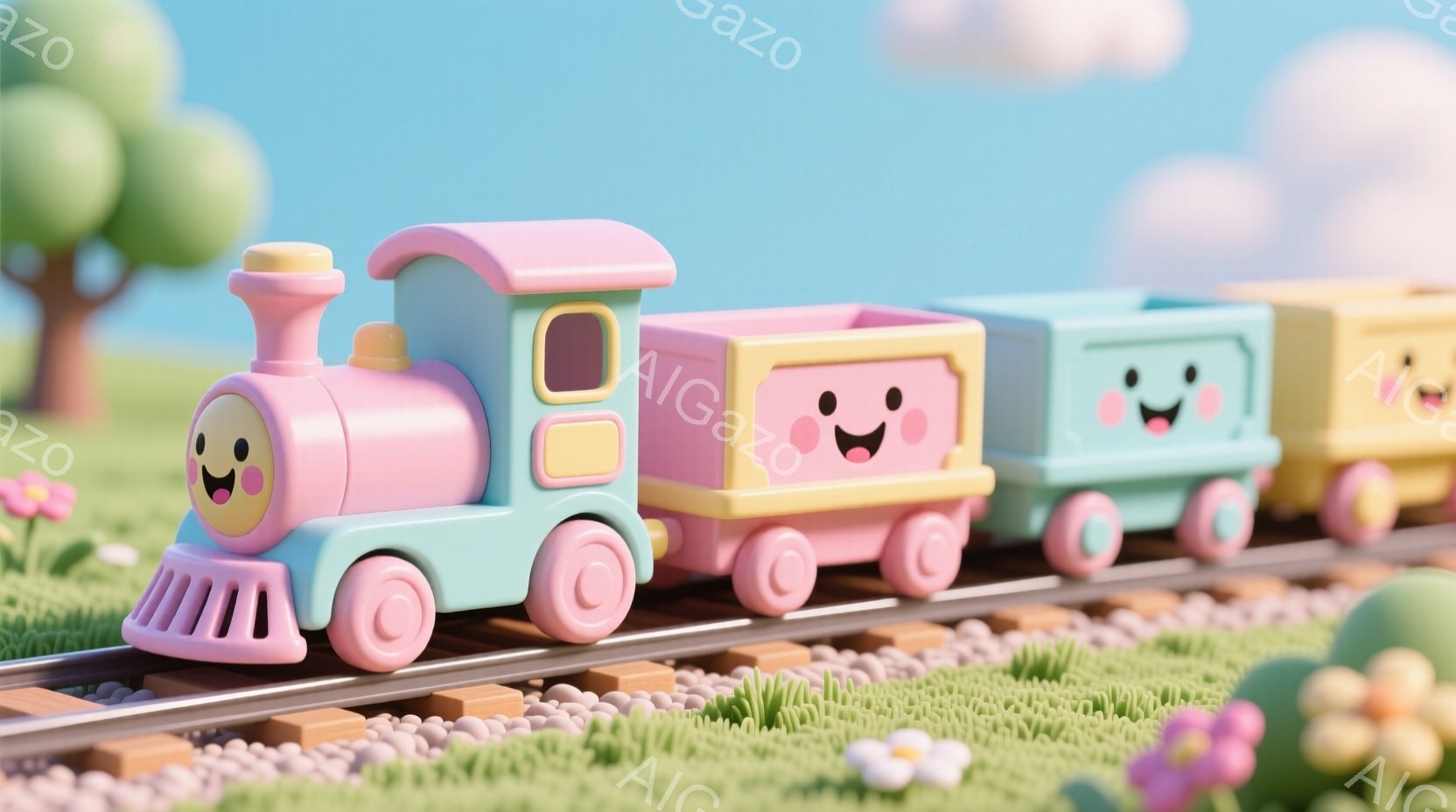 明るいピンク、水色、黄色で構成された、愛らしい表情の機関車と貨車が線路の上を走っている様子が描かれています。背景には緑の芝生、カラフルな花、そしてふわふわとした雲が広がり、晴れた日の牧歌的な風景を作り出しています。全体的に、温かく、おとぎ話のような雰囲気で、子供向けのイラストレーションにぴったりです。