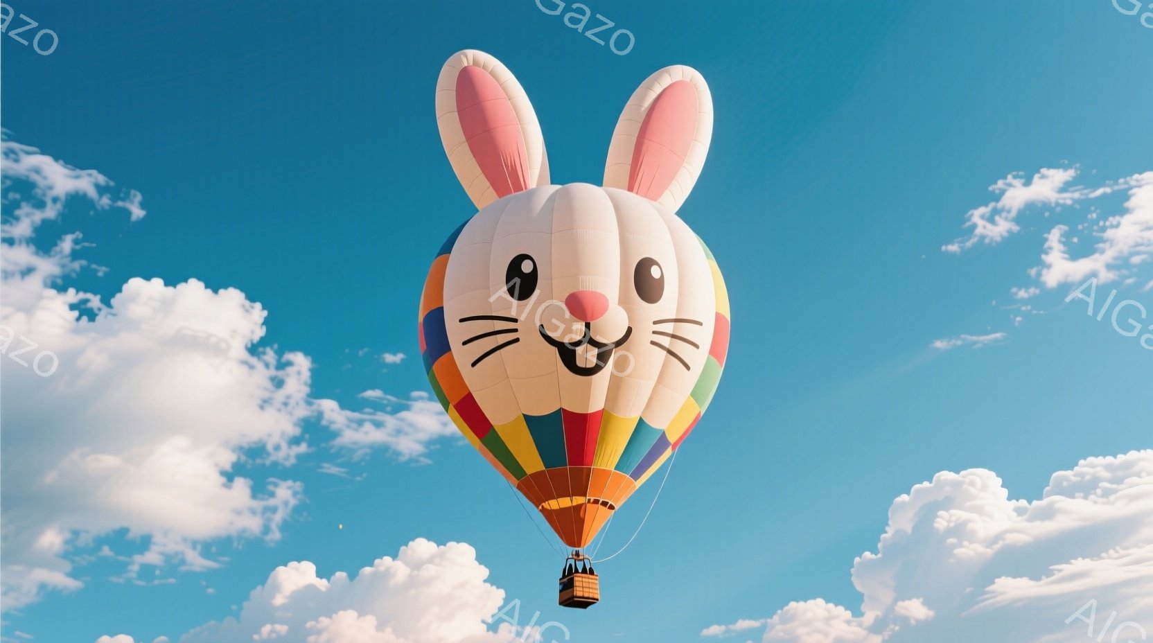 空には、大きなウサギの形をした熱気球が浮かんでいる。ウサギの顔は白く、ピンク色の長い耳が特徴的で、可愛らしい表情をしている。背景は青空と白い雲が広がり、穏やかで楽しい雰囲気を醸し出している。 - AI生成フリー素材