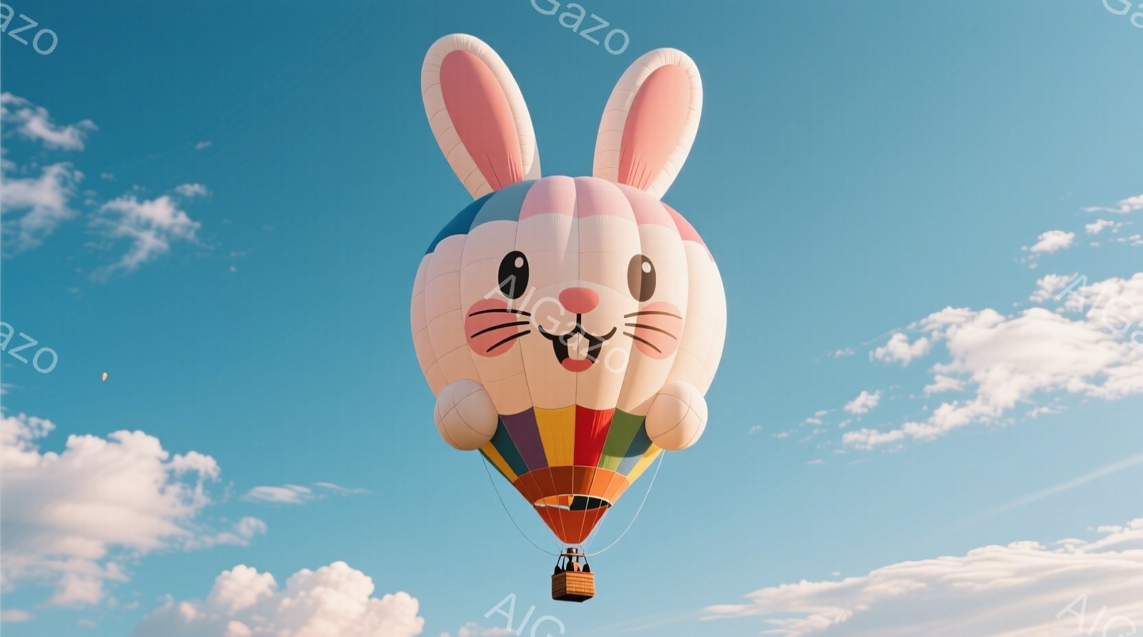 空には、大きなウサギの形をしたホットエアバルーンが浮かんでいます。バルーンはピンクと白を基調とした可愛らしい色合いで、カラフルなストライプのゴンドラが吊り下げられています。青空と白い雲が背景に広がり、バルーンの鮮やかな色彩と相まって、夢のような、陽気な雰囲気を醸し出しています。