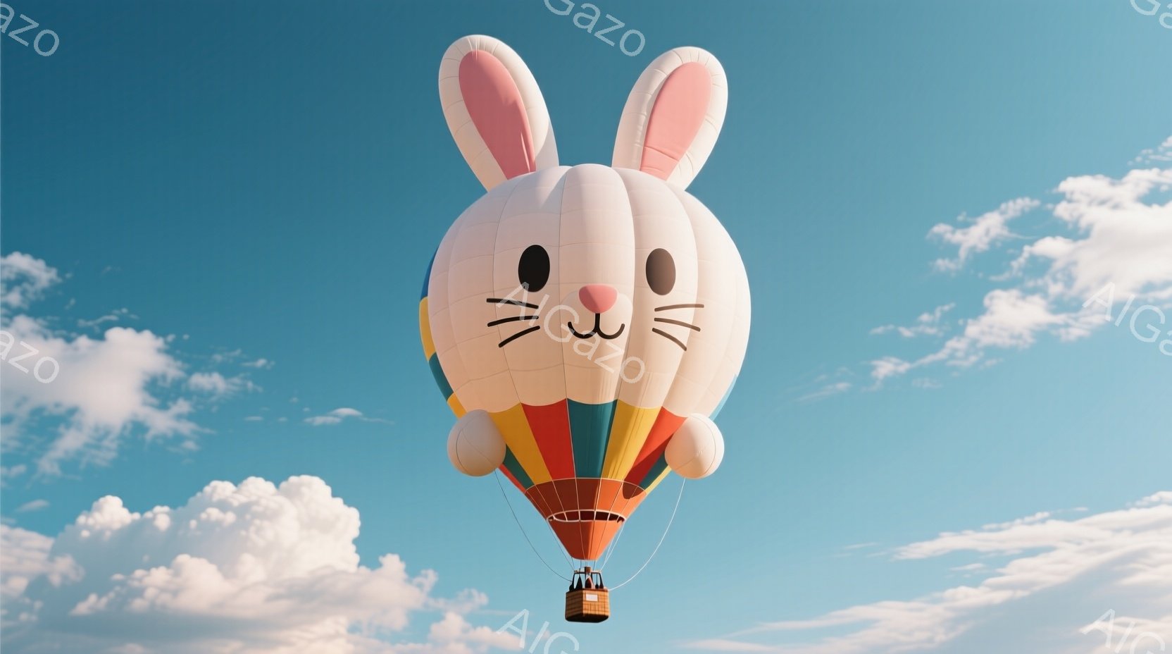 空には、巨大なウサギの形をしたホットエアバルーンが浮かんでいます。バルーンは白を基調とし、ピンクの長い耳と可愛らしい顔が特徴的で、下部にはカラフルなストライプが施されています。青空と白い雲が背景に広が - AI生成フリー素材