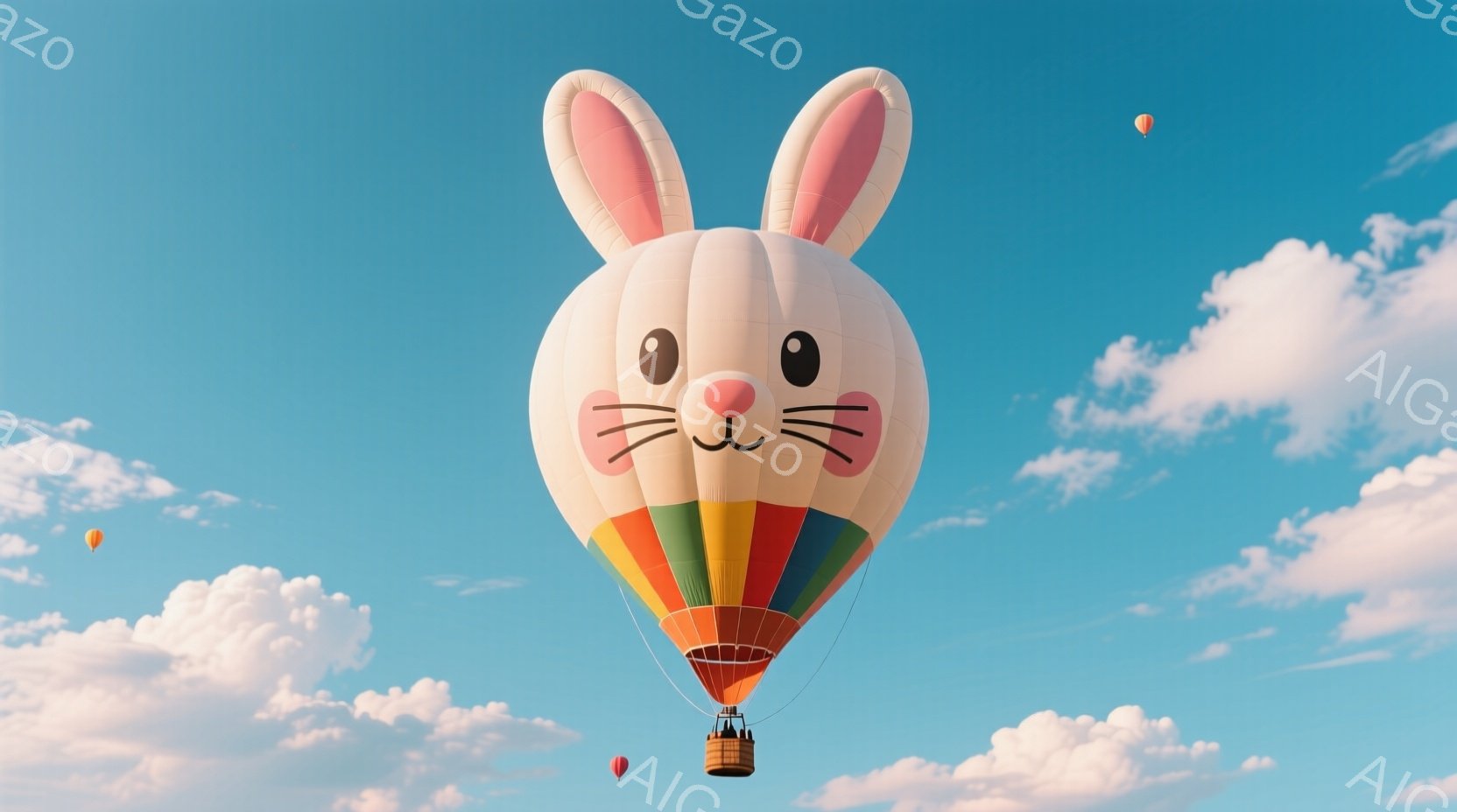 青空に、ウサギの顔を模したホットエアバルーンが浮かんでいる。バルーンは白を基調とし、ピンクの長い耳が特徴的で、愛らしい表情をしている。バルーンの下には小さなゴンドラが吊り下げられており、周囲には数個の - AI生成フリー素材