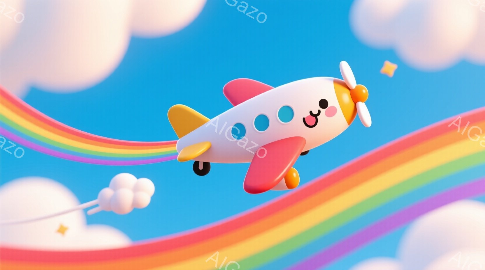 虹の上を飛んでいる可愛らしいピンク色の飛行機を描いています。機体は丸みを帯びており、大きなプロペラと、小さな雲からなる尾を引いています。背景は明るい青空と、パステルカラーの虹で、全体的に夢のような、陽気な雰囲気が漂っています。