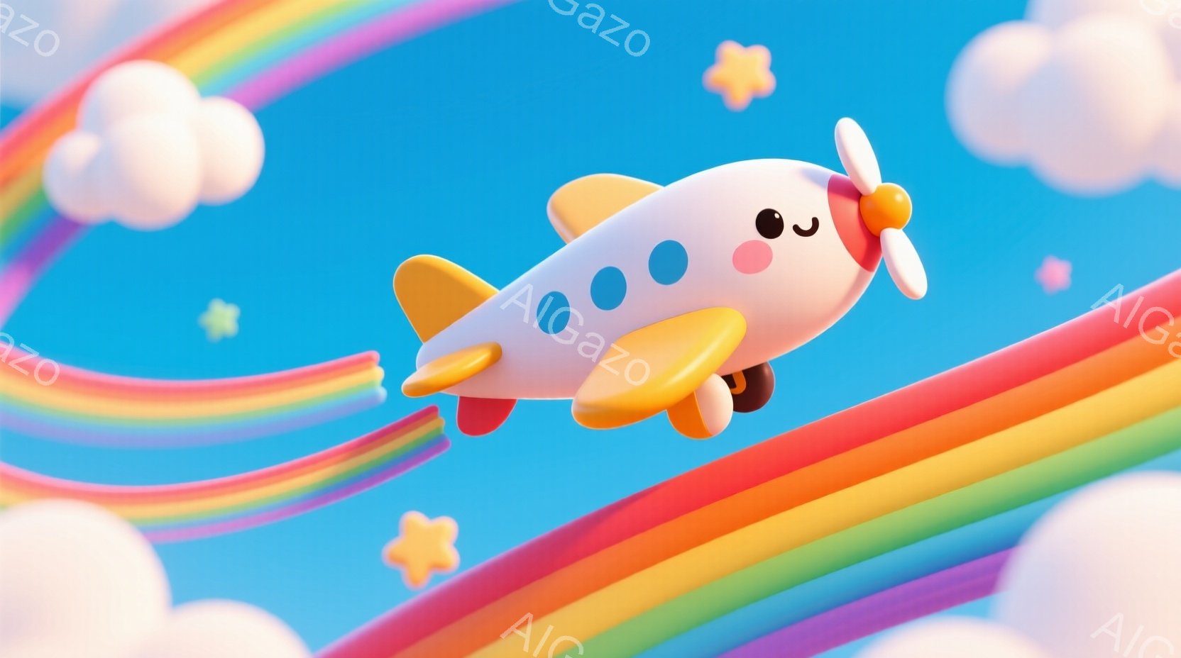 鮮やかな虹の上を飛ぶ、かわいらしい白とオレンジ色の飛行機が描かれています。飛行機は丸みを帯びたフォルムで、つぶらな瞳とほほえましい表情を浮かべており、幸福感に満ちた雰囲気です。背景は空とふわふわとした - AI生成フリー素材