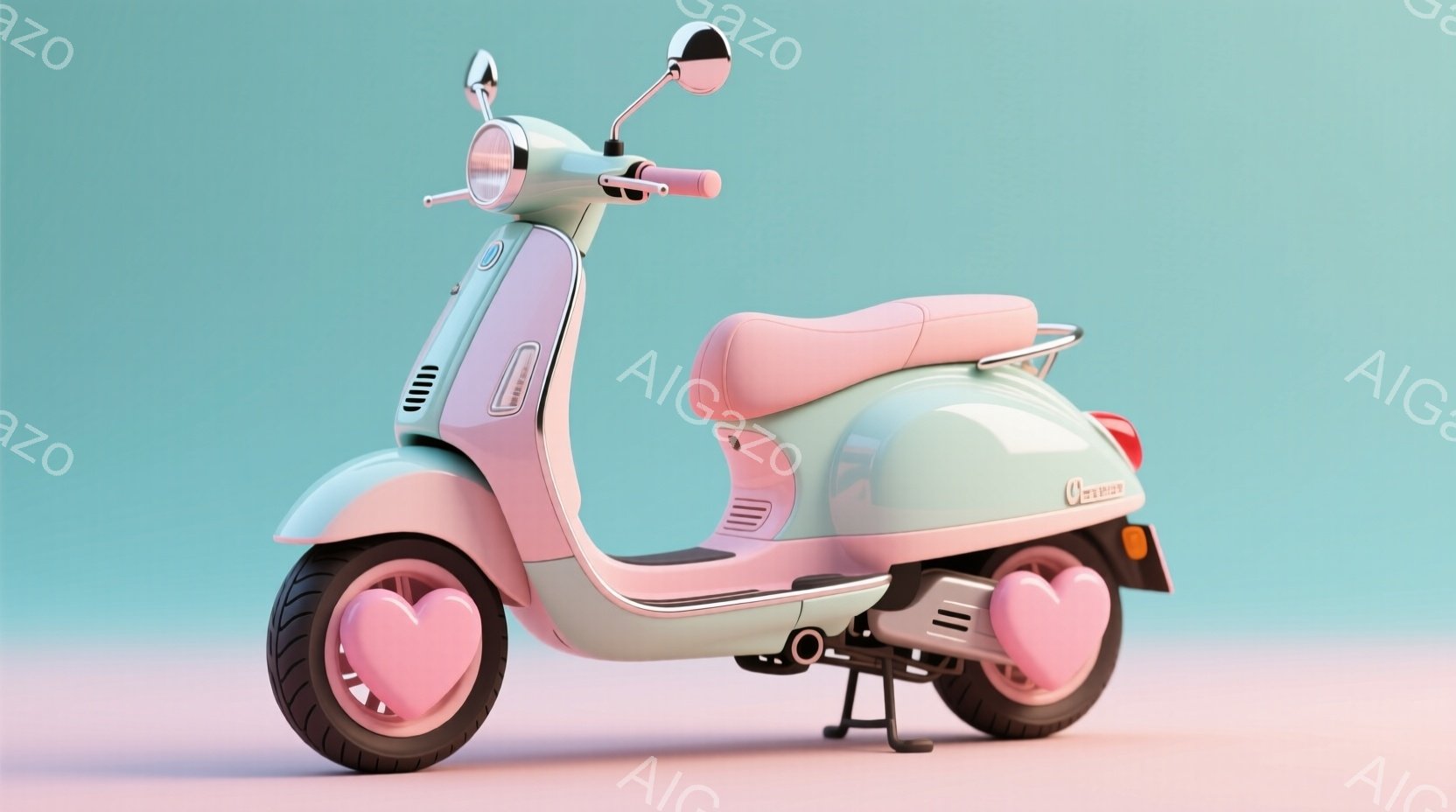 淡いミントグリーンとピンクのレトロなスクーターが描かれています。タイヤには可愛らしいハート型の装飾が施され、全体的に柔らかく温かい雰囲気を醸し出しています。背景はグラデーションのかかった淡いピンクと水色で、スクーターが引き立つように工夫されています。