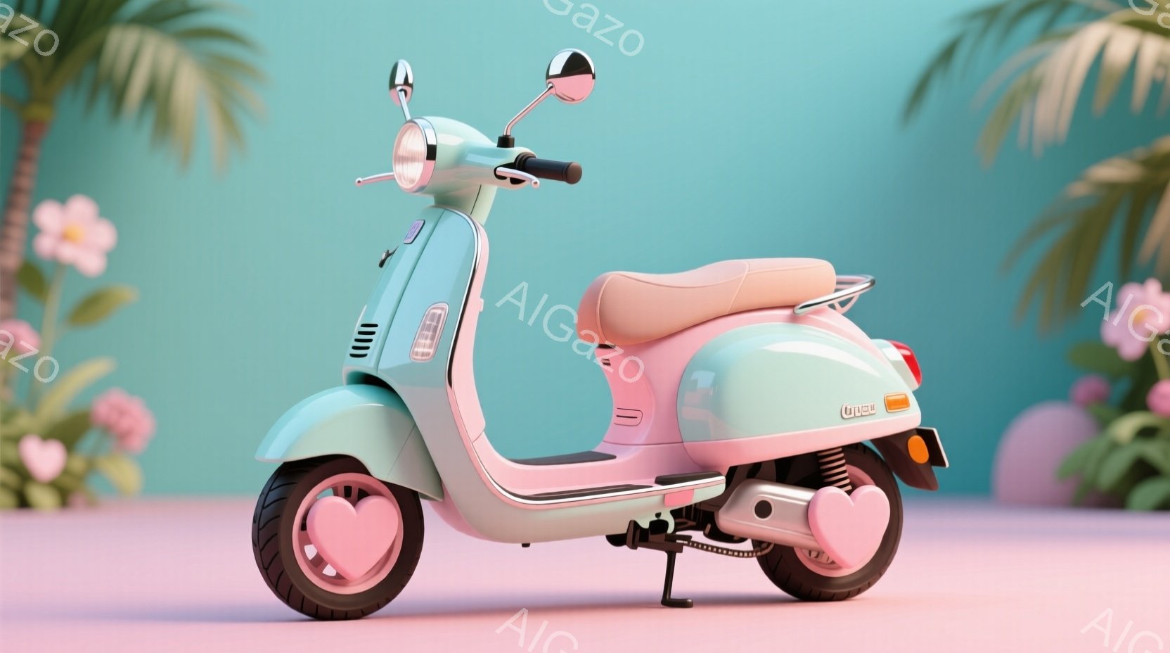 ピンクと白のスクーターがフルーツの種を表す終わりのようなバックグラウンドで描かれています。スクーターは新しく見えるように、輪郭がカーブされていることで特徴付けられます。 背景の水果であるパイナップルは、視覚的な楽しみを提供しています。抽象的な環境と明るいカラーパレットが画像に透明性と愉悅を与えています。