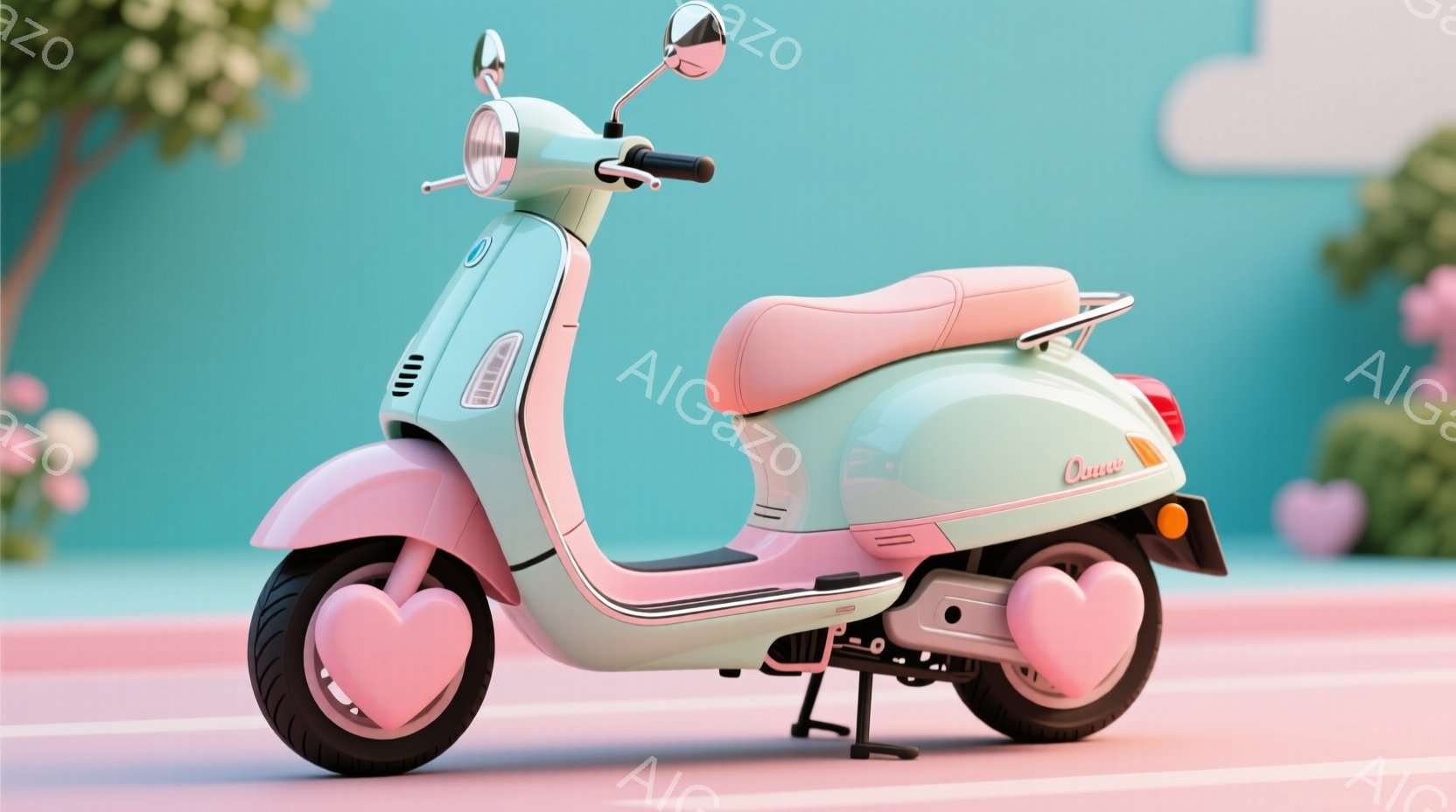 薄いミントグリーンとピンクのカラースキームのスクーターが、パステルブルーの背景に配置されている。タイヤにはハート型の装飾が施され、全体的に可愛らしい雰囲気を醸し出している。背景にはぼやけた花々が見られ、春らしい、ロマンチックな印象を与える。