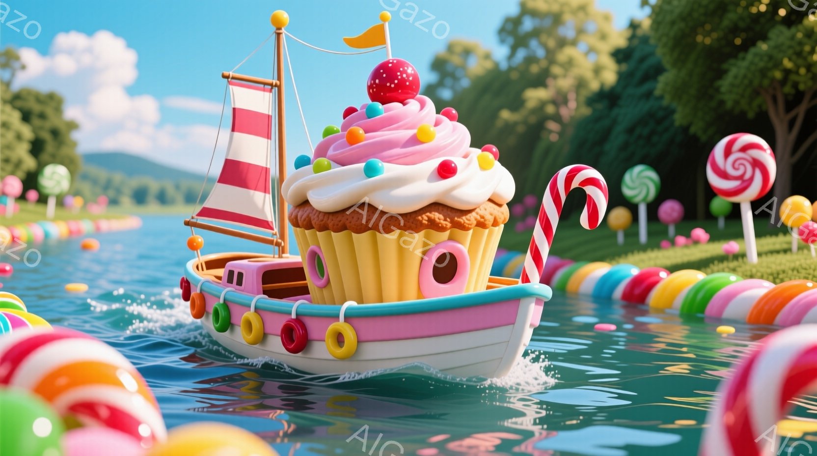 カップケーキを船体に見立てたユニークな乗り物が水面を航行しています。ピンクと白のストライプの帆を立て、クリームとチェリーがトッピングされた船首が特徴的です。背景にはカラフルなキャンディが並び、明るい日 - AI生成フリー素材