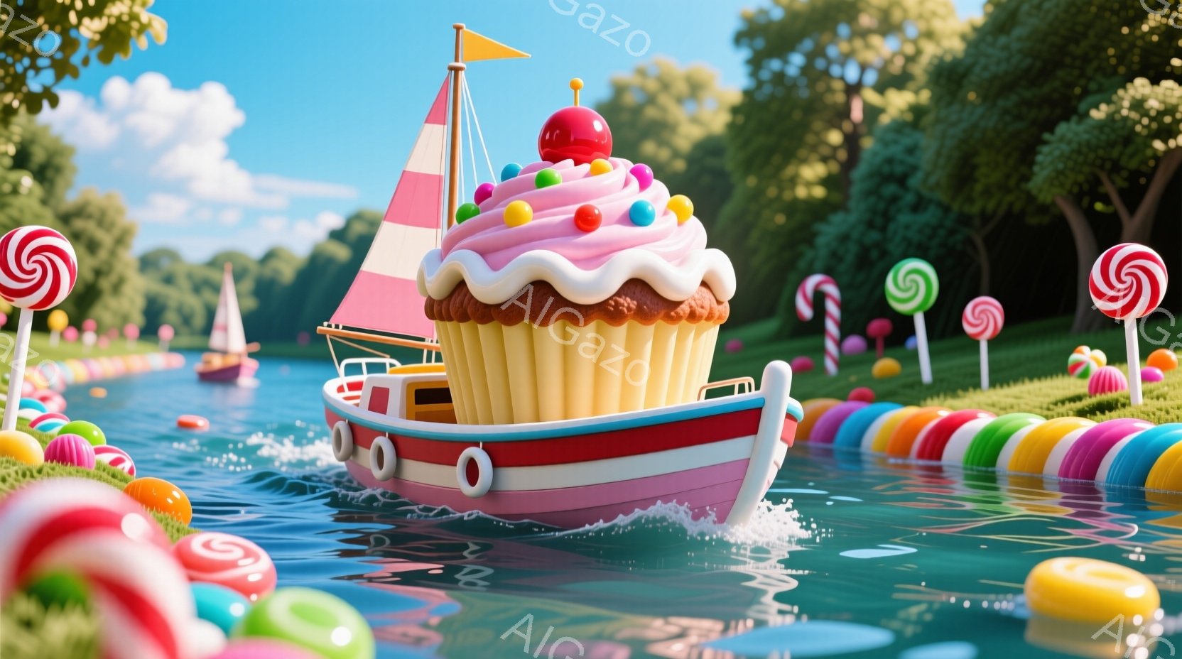 鮮やかな青空の下、キャンディやグミで飾られた小川を、カップケーキを模した可愛らしいボートが航行しています。ボートのクリームにはカラフルなスプリンクルが散りばめられ、赤いチェリーが飾られています。背景には緑豊かな草地と、遠くに他のボートが見え、夢のような甘い世界が広がっています。